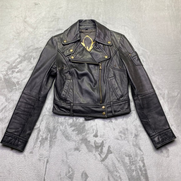 Guess Jackets & Blazers - VTG Guess Womens Black Leather Moto Biker Jacket Asymmetrical Zip Brass Sz S/P